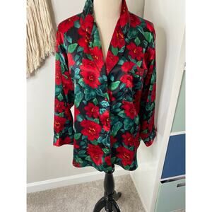Vtg Victoria's Secret Gold Label Red Floral Satin Button-down Shirt S Holiday